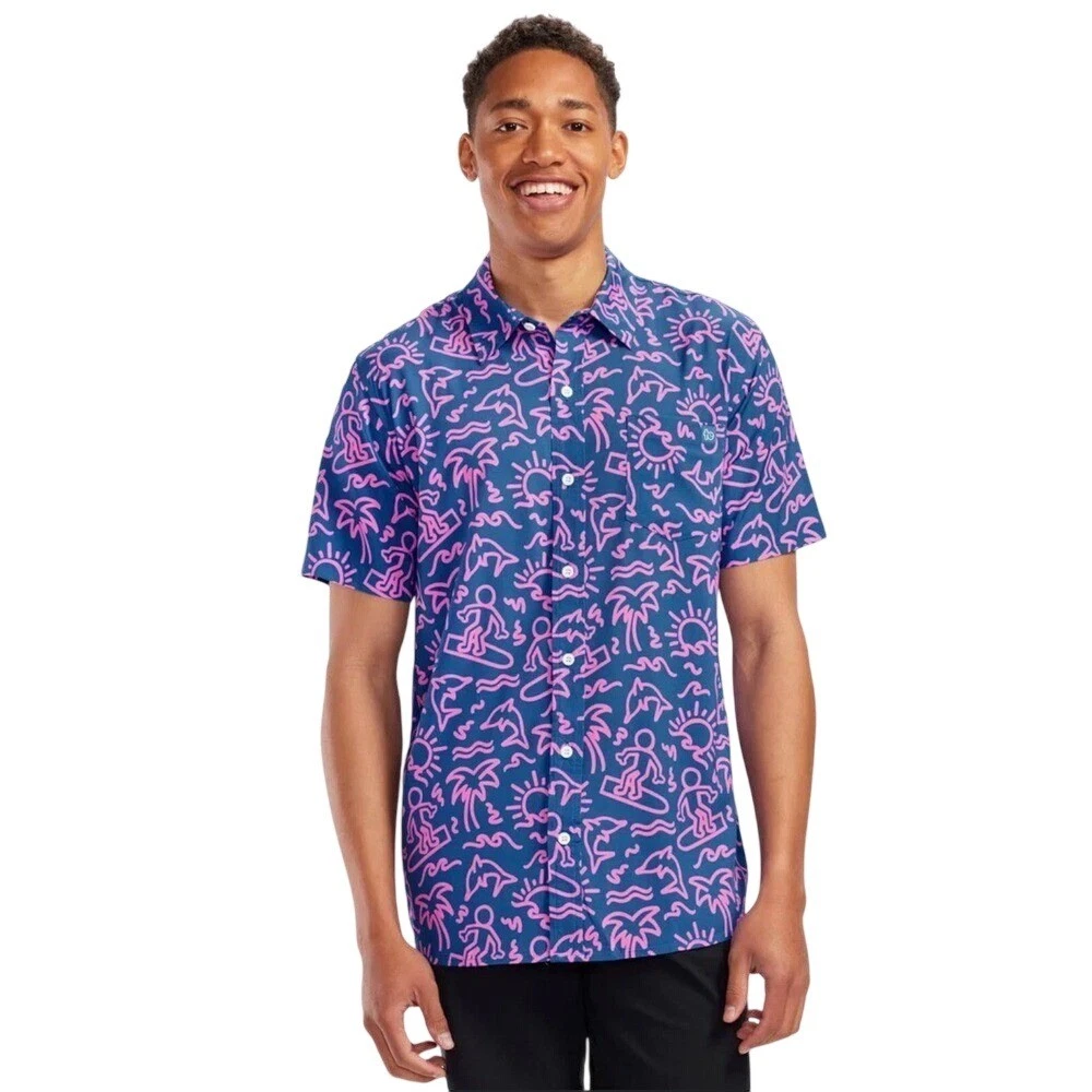 Tipsy Elves Men's Hawaiian Shirt XL Blue Pink Surfing Dolphin Palm Tree Print
Opens in a new window