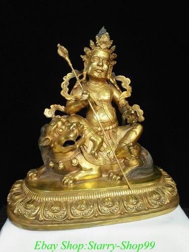 12" Tibet Buddhism Copper Gilt Vaishravana On Lion Protector Deity Buddha Statue - Picture 2 of 9