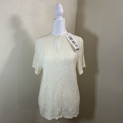 VTG Gloria Lance Ivory Textured Stretch Keyhole Short Sleeve Blouse Medium NWT
