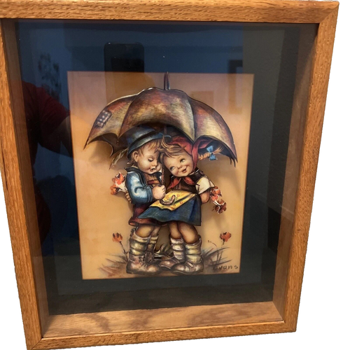 Caja de sombras 3D vintage Evans Hummel placa de pared niños bajo paraguas arte elevado - Imagen 1 de 12