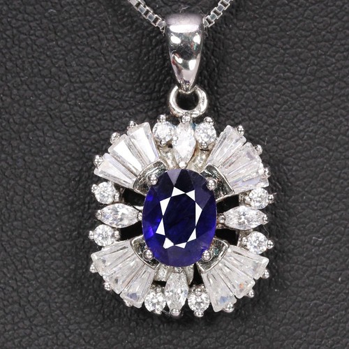 925 STERLING SILVER PENDANT GENUINE BLUE SAPPHIRE OVAL & WHITE CZ GEMSTONE