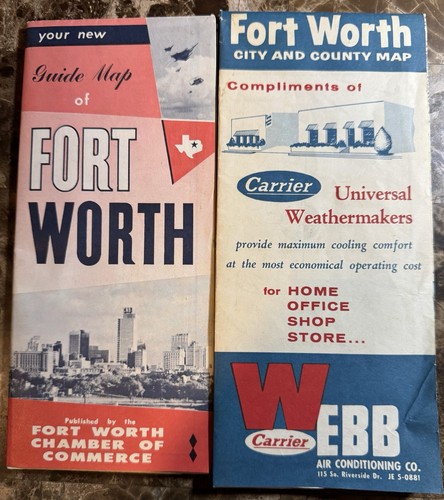 2 Vintage 1958 Fort Worth Texas City Maps Webb A/C & Chamber Of Commerce