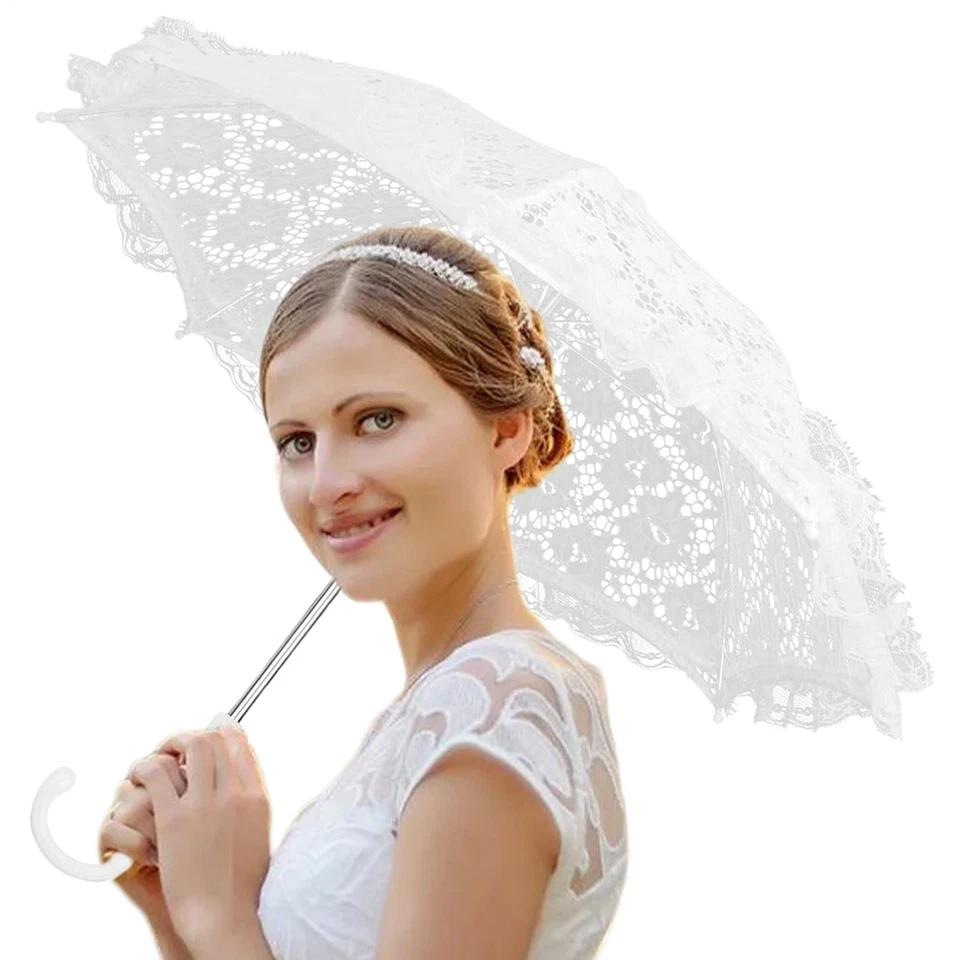 Sombrilla de encaje blanco vintage paraguas boda novia decoración fotografía accesorios Foto 2 de 4
