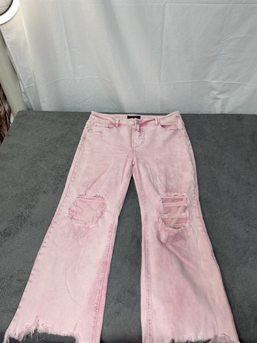 Risen Pink Distressed Flare Jeans 1XL Rare Sold Out Color Raw Hem. Trendy Edgy