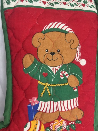 Vintage Weihnachtsstrumpf Teddybär grün Ösen Handarbeit Stoff gesteppt - Bild 3 von 8