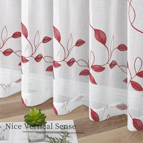 Burgundy Red Leaf Sheer Curtain Leaves Embroidered Living Room Short Curtains - Picture 4 of 7