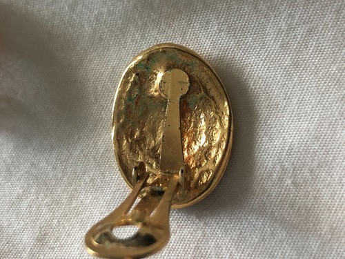 Ohrclips - Vintage goldfarben mit blau irisierendem Wirbel Acryl oval Mitte - Bild 5 von 7