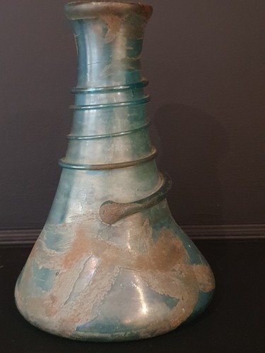 Roman Glass Perfume Bottle Swirled Application Iridescent Patina Blue Green 15cm - Picture 4 of 24