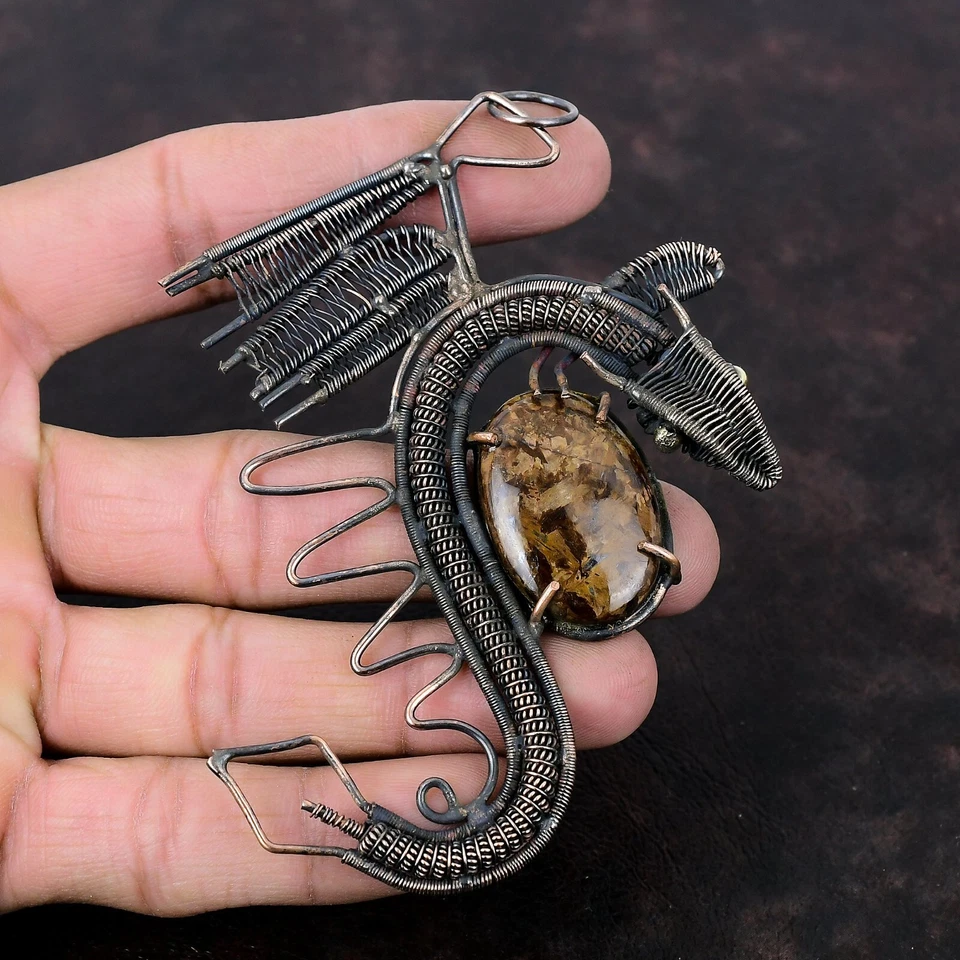 Venta Día de la Madre Cobre Ovalado Bronzita Piedra Alambre Envuelto Dragón Colgante Joyería Foto 2 de 4