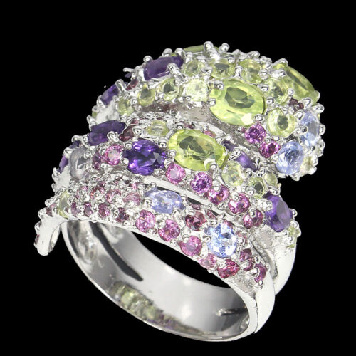 Anillo De Plata 925 Ovalado Con Peridoto Tanzanita Y Rodolita Joyería Talla 9 - Imagen 2 de 10