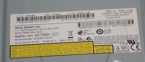 Sony Optiarc AD-7250 DVD-RW CD-RW SATA OPTICAL DISK DRIVE LENOVO 45K0486 - Picture 4 of 6