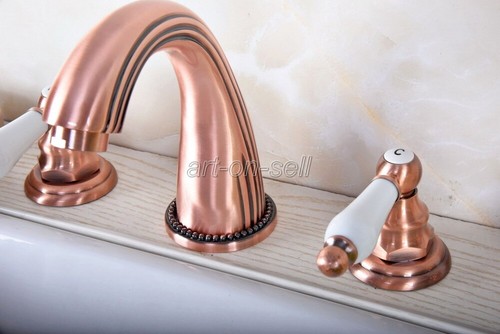 Antique Red Copper 5 Holes Bathroom Roman Tub Faucet Mixet Tap w/ Hand Shower - Picture 5 of 9