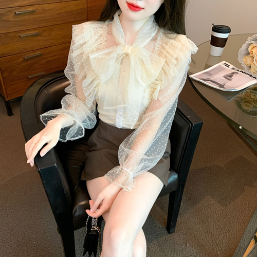 Women Lace Mesh Bow Shirt Tops Ruffles Blouse Chiffon Polka Dot T-shirts Thin - Bild 4 von 16