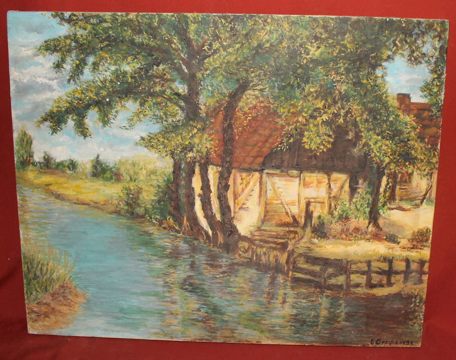 Impressionist oil painting river house landscape signed
