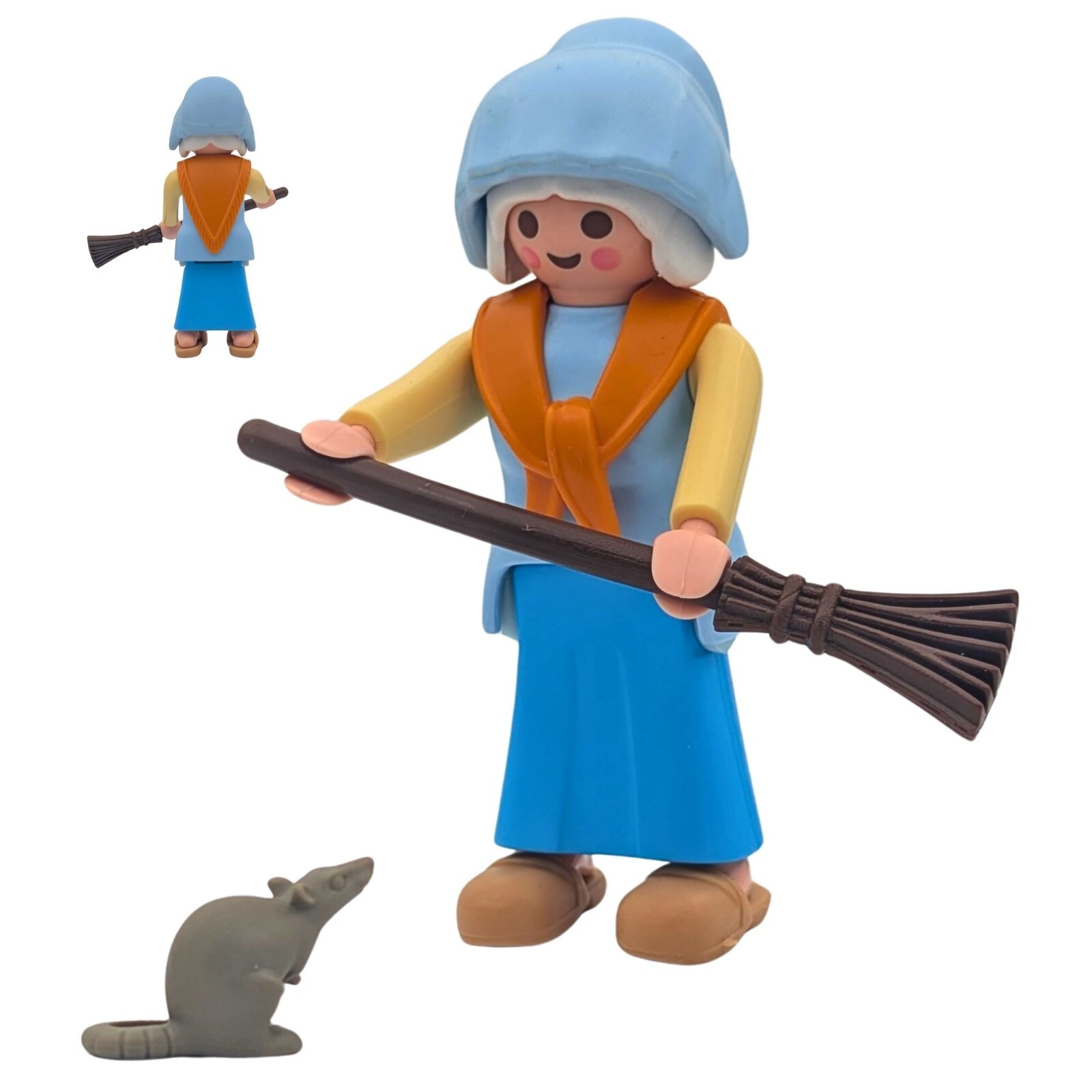 Playmobil figura campesina amarilla/azul escoba rata castillo medieval