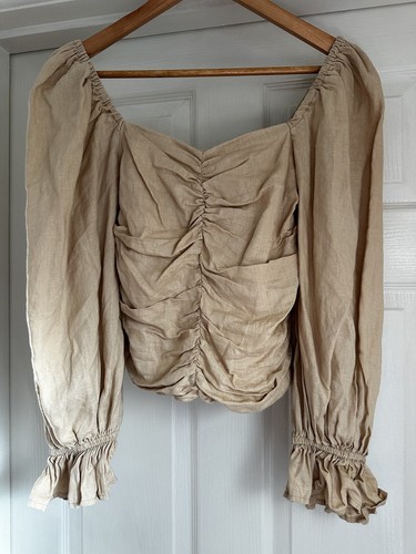 HARDLY WORN Seed Heritage Linen Ruched Blouse Top Sand Size 10 Shirred Back - Picture 6 of 12