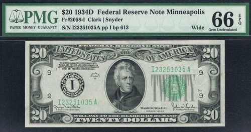 $20 1934D Minneapolis FRN. Wide. Fr. 2058-IW. PMG 66 EPQ. SUPER TOUGH NOTE. - Picture 1 of 4