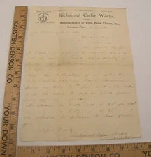 ANTIQUE 1884 LETTERHEAD RICHMOND VA CEDAR WORKS MFG TUBS PAILS CHURNS BUCKETS