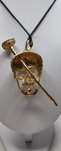 Skull Pendant Crystal Glass Rhinestones Gold Tone On Waxed Leather 50cm Cord - Picture 11 of 14