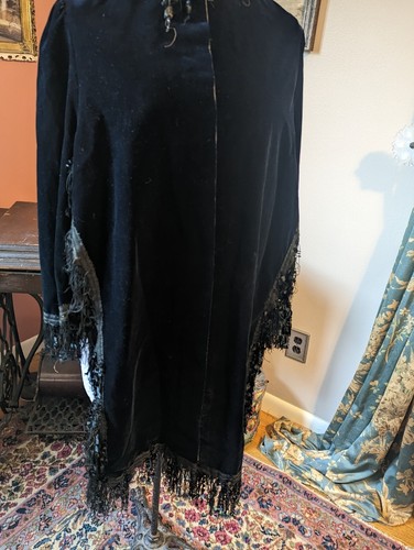 Antico cappotto vittoriano velluto nero mantello lavers pizzo frange perline nappe - Foto 7 di 12