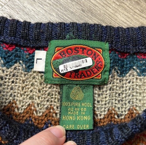 Vtg Boston Traders 100% Pure Wool Multicolored Knit Zig Zag Crewneck Sweater L - Picture 4 of 7