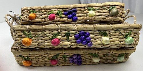 Antique Set Of Hand Made Nesting Baskets Fruits Veggies Rafia Philippines Decor - Picture 2 of 13