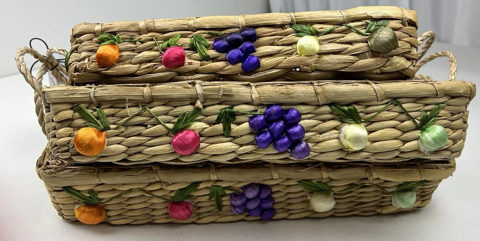 Antique Set Of Hand Made Nesting Baskets Fruits Veggies Rafia Philippines Decor - Image 2 of 4