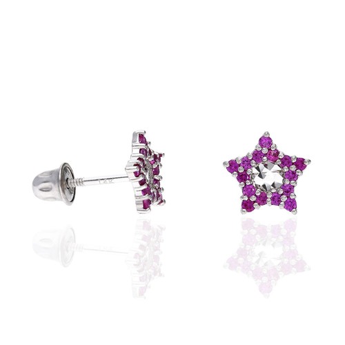 14K White Gold Diamond Cut Color Gemstone Little Star Screw Back Stud Earrings - Picture 12 of 40