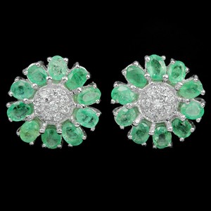 NATURAL-AAA-GREEN-EMERALD-OVAL-amp-WHITE-CZ-STERLING-925-SILVER-FLOWER-EARRING