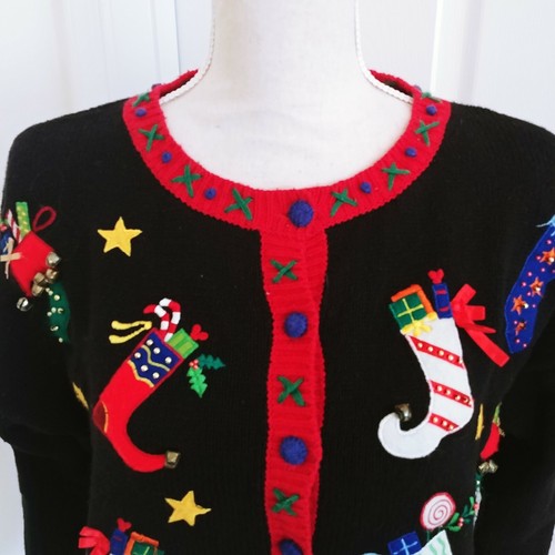 Vtg 80s 90s Tiara Womens Christmas Sweater Cardigan Colorful Stockings Medium - Picture 2 of 12