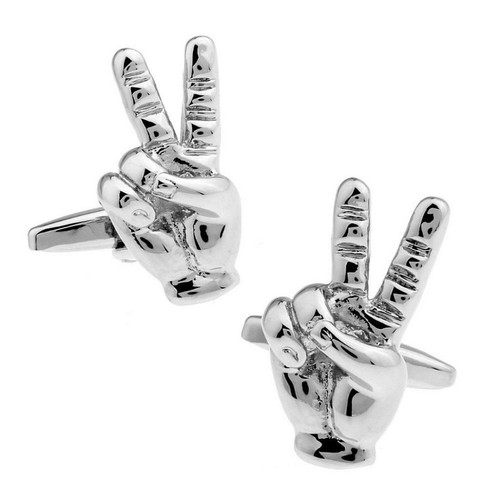 PEACE SIGN CUFFLINKS Two Fingers Hand V Is For Victory NEW w GIFT BAG Churchill - Picture 2 of 4