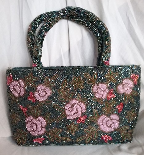 Vintage Beaded Purse, Seed beads, 3D Iridescent Pink Roses, Leaves - Picture 2 of 3