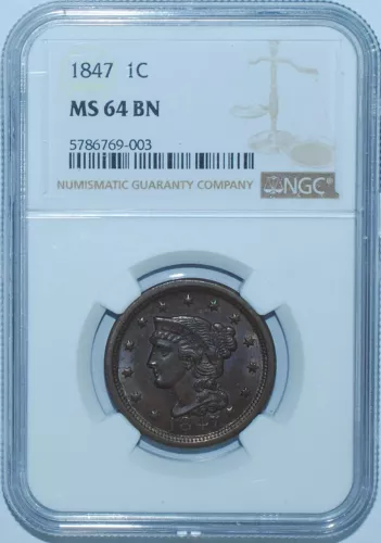 1847 NGC MS64BN Brown  Braided Hair Large Cent