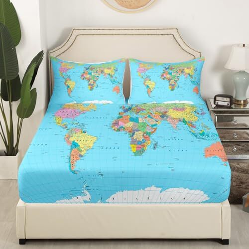 World Map Bed Sheets Multicolored Sheet Set 3D Geography Blue Full