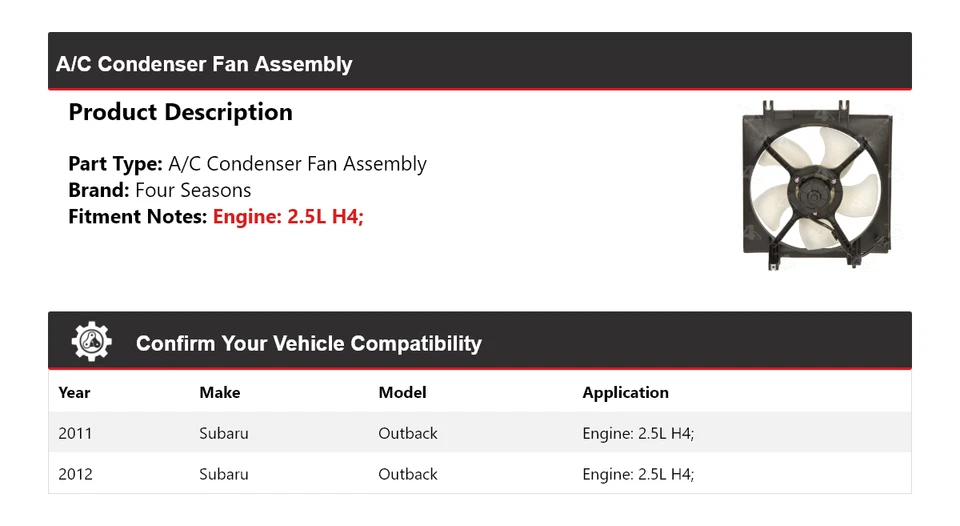 Para 2011-2012 Subaru Outback 2.5L H4 A/C conjunto de ventilador condensador 4 estações - Imagem 2 de 4