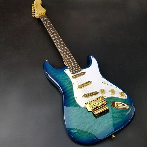 ST Electric Guitar Quilted Blue Burst Gloss Finish gold hardware 100% Handmade 