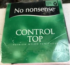 NO NONSENSE Control Top Pantyhose Sz Q BLACK Reinforced Toe Comfort Waist NEW