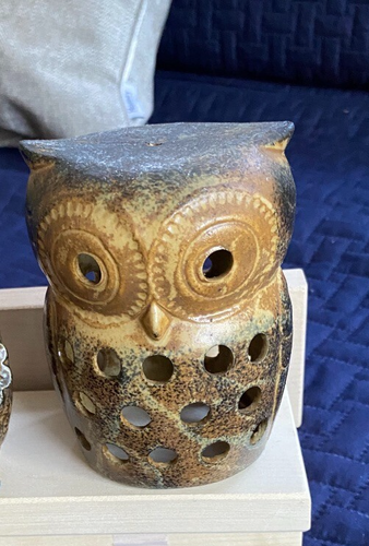 Two Ceramic Owl Candle Holders Vintage 2 sided Votive Vent Holes Brown Sm Homco - Picture 4 of 8