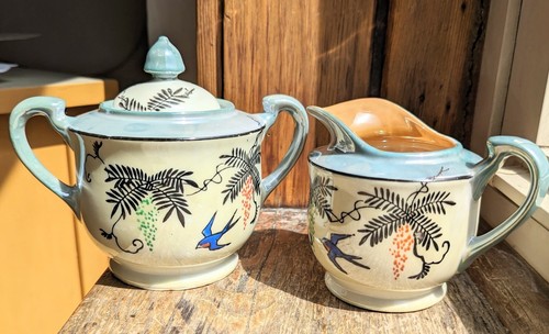 Japanisches Glanzgeschirr Milchkännchen & Zuckerdose Aqua/Orange Farne & blauer Schwalbe Vogel - Bild 1 von 14