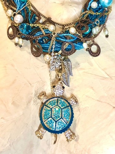OOAK Blue Turtle Reworked Jewelry Collage Artisan Statement Necklace Earring Set - Picture 5 of 15