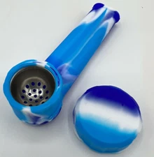 Silicone Tobacco Smoking Pipe with Metal Bowl & Cap Lid | Blue/light blue/white