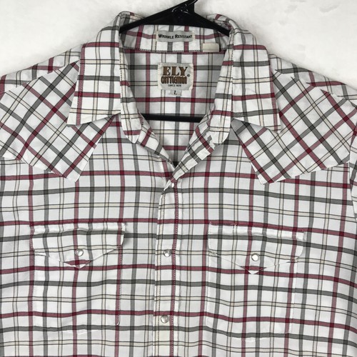 Ely Cattleman Pearl Snap Shirt Mens Large Short Sleeve White Red Plaid Western - Picture 2 of 11