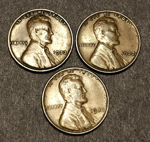 1933-P Lincoln Wheat Cent 3 Coin Lot Fine F