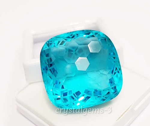 94 Ct Blue Topaz Cushion Football Carving Cut Glass Filled Loose Gemstone - Picture 3 of 5