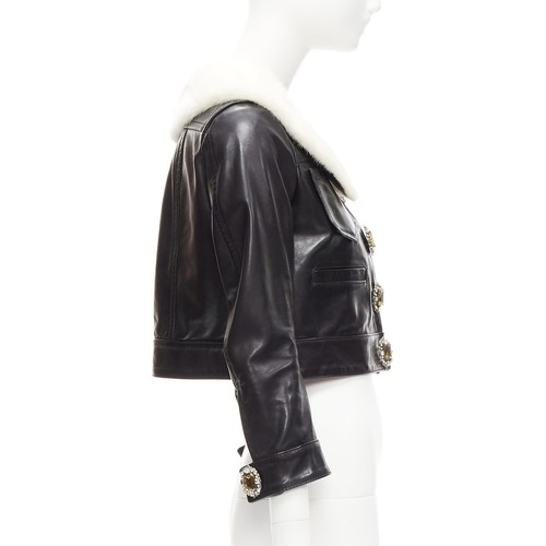 rare DSQUARED2 asymmetric fur collar jewel button cropped leather jacket IT40 S - Picture 4 of 9