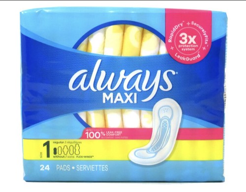 Always Maxi Pads Size 1 Regular Absorbency Unscented 24 Count - Picture 1 of 3