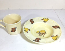 Vintage Mount Clemens Baby Childrens Bowl and Mug Cup Set Dog Duck Lamb Yellow