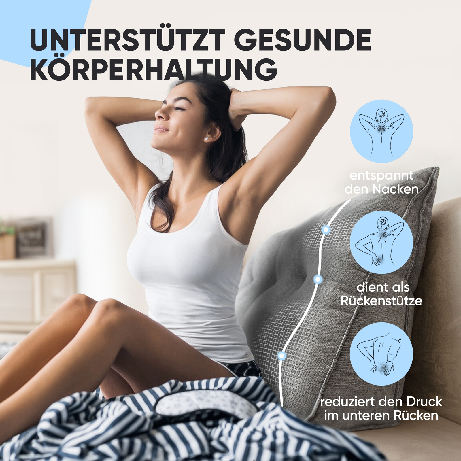 BjörnSchiller Rückenkissen grau 100 cm - Lesekissen für Bett und Sofa