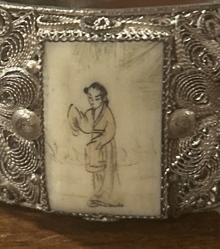 Antique Chinese Export 900 SILVER Cannetille SCRIMSHAW Geisha BRACELET - Picture 4 of 13