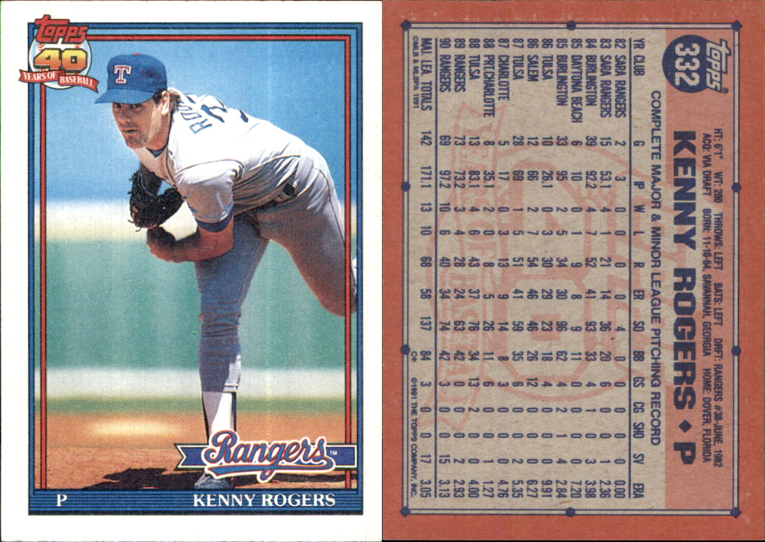 Kenny Rogers 1991 Topps #332 Card Texas Rangers FREE SHIP *AutographDen*